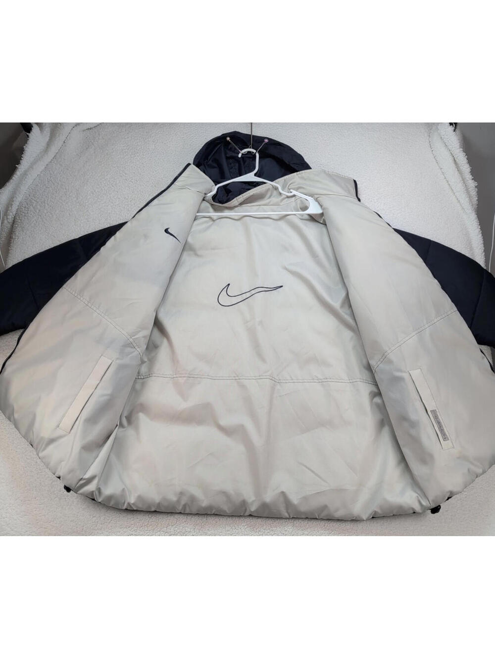90s Nike Men's XL Reversible Puffer Jacket Y2K Nylon Navy Blue & Cream VTG READ